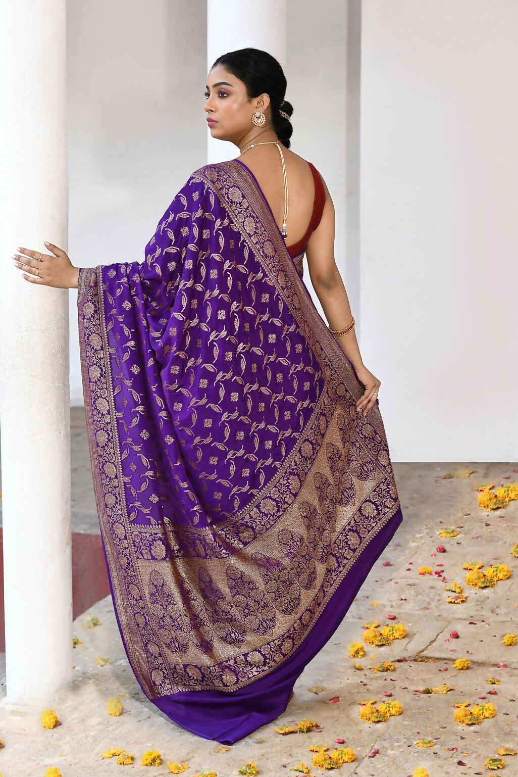 Joban Fashion Purple Crepe Chiffon Pure Handloom Banarasi Silk Saree | Swadesiicart
