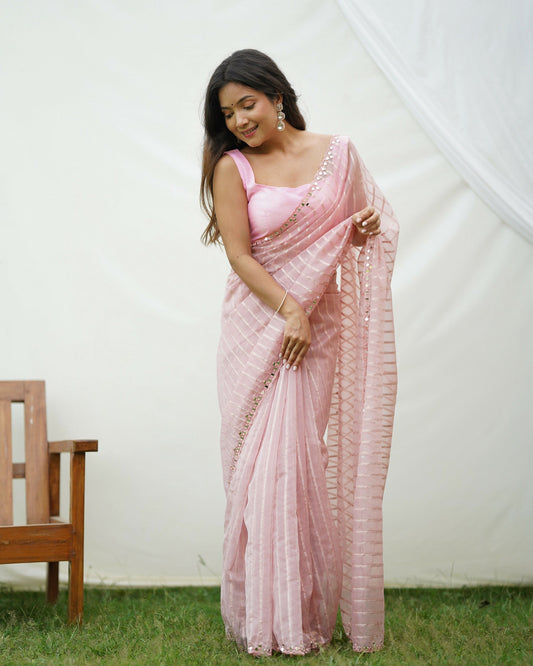Vamsee Vijaysitara Baby Pink Organza Saree - Swadesiicart