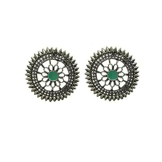 Tiaraa Green Alloy Silver Oxidised Stud Earrings