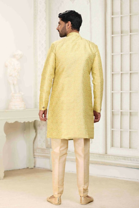Raivat Ethnic Banarasi Jacquard Embroidery Semi Indo Western Sherwani In Cream Gold Colour | Swadesiicart