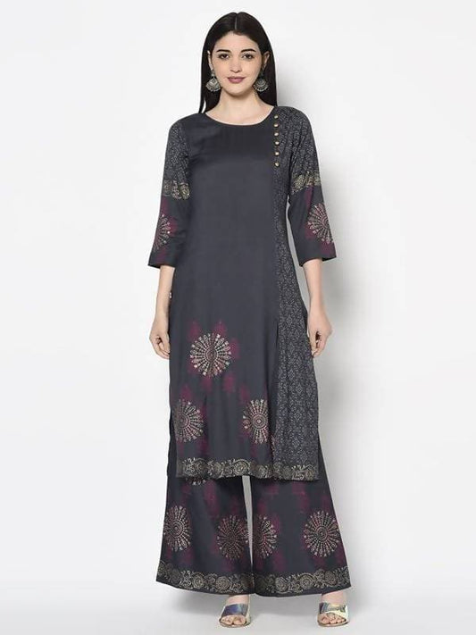 Aniyah Rayon Dark Grey Color Block Print Straight Kurta (AN-203K) - Swadesiicart