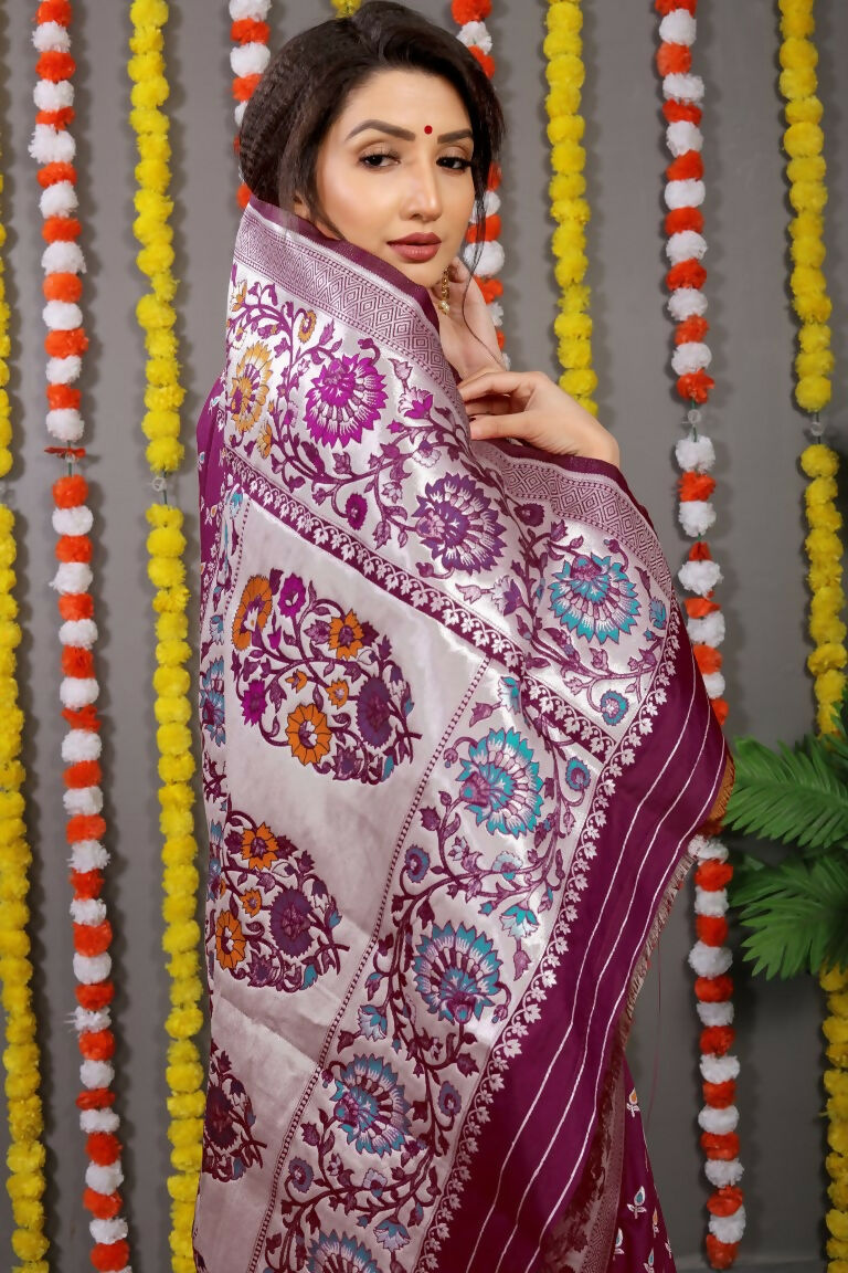 Jyoti Fashion Women's Wine Banarasi Silk Zari Woven Saree with Blouse | Swadesiicart
