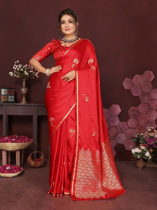 Joban Fashion Red Floral Banarasi Silk Sarees | Swadesiicart
