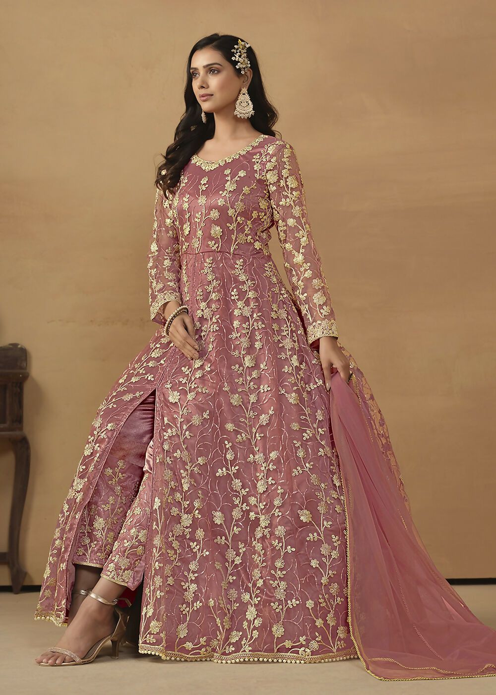 Pant Style Coral Pink Embroidered Net Wedding Anarkali Suit - Emponline | Swadesiicart