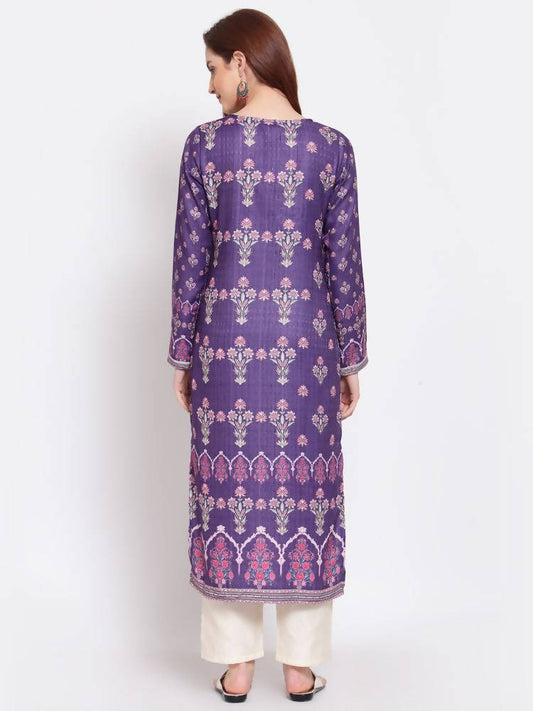 Myshka Women's Purple Printed Pashmeena Full Sleeve Round Neck Casual Kurta