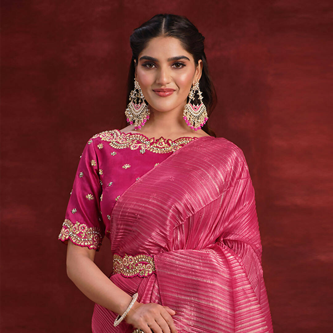 Pink & Beige Banarasi Crush Silk Sequence Thread & Stone Work/ Texture Pallu Saree - Mohmanthan Kimiya | Swadesiicart
