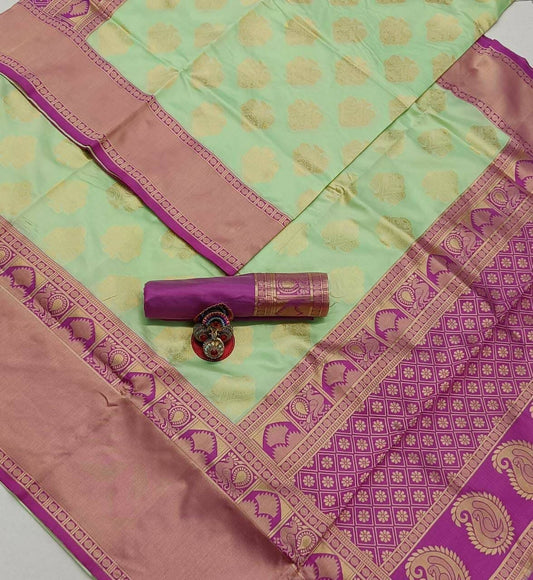 DEIANA'S Beautiful Designer Golden zari Soft Lichi Silk Saree - Pista - Swadesiicart