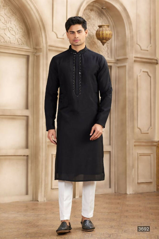 Raivat Ethnic Banarasi Art Silk Mirror Work Kurta Pajama In Black Colour | Swadesiicart