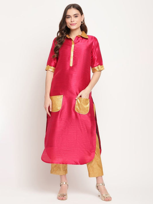 Ahalyaa Women's Dark Pink Poly Silk Kurta Trouser Set | Swadesiicart