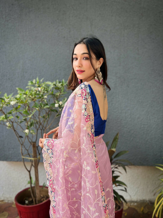 Vamsee Rupali Pink Organza Saree - Swadesiicart