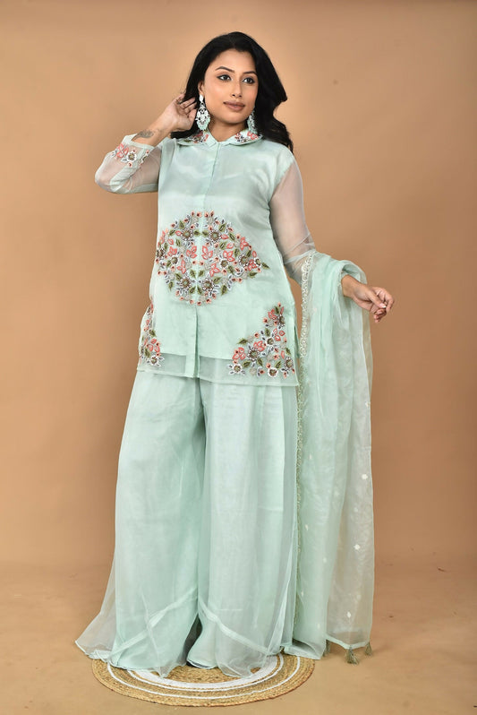 Morchari Women And Hand Embroidery Palazzo Set-Sea Green - Swadesiicart