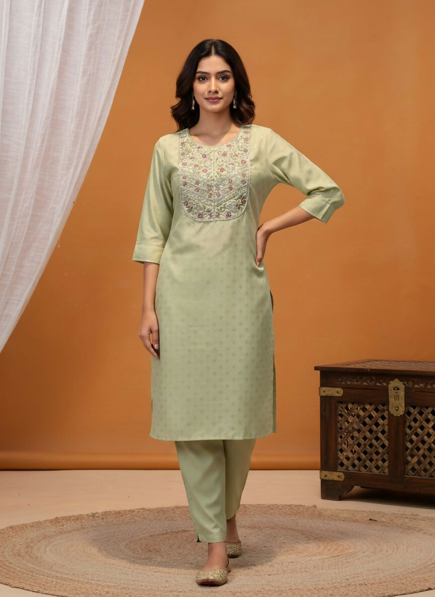 BulBul Pista Green Silk Kurta Set with Floral Embroidered Yoke - Swadesiicart