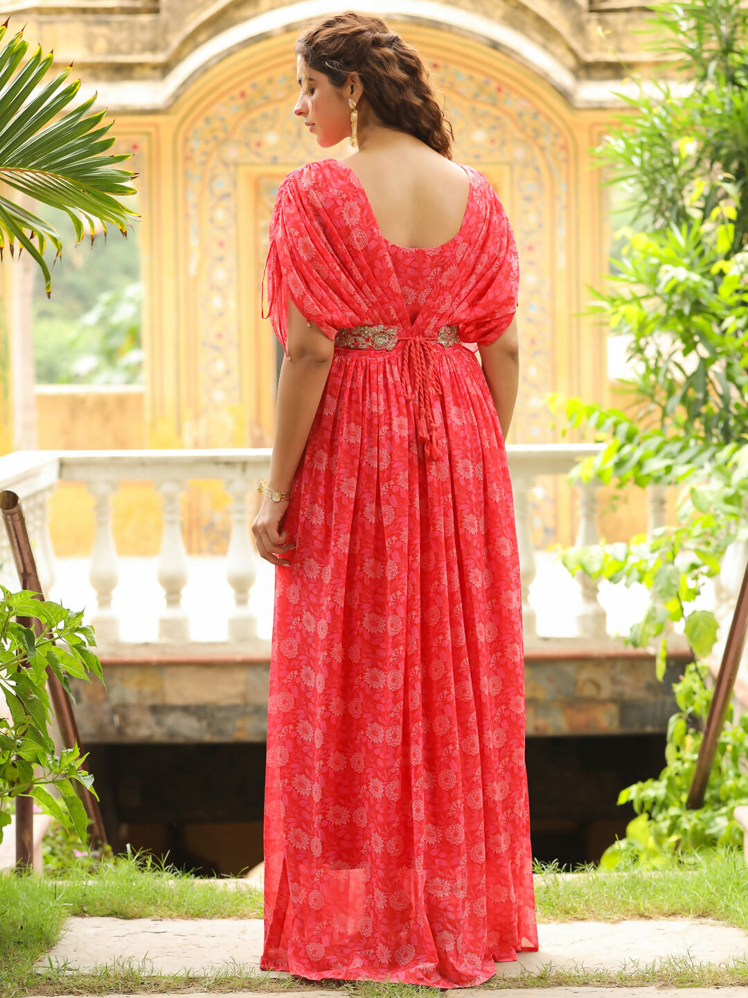 Janasya Pink Georgette Floral Gown | Swadesiicart