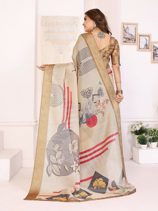 Joban Fashion Beige Art Print pattern Banarasi Silk Sarees | Swadesiicart