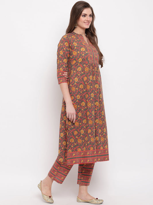 NOZ2TOZ Women's Floral Print & Hand Work Flared With Side Cut Cotton Grey Kurti - Swadesiicart