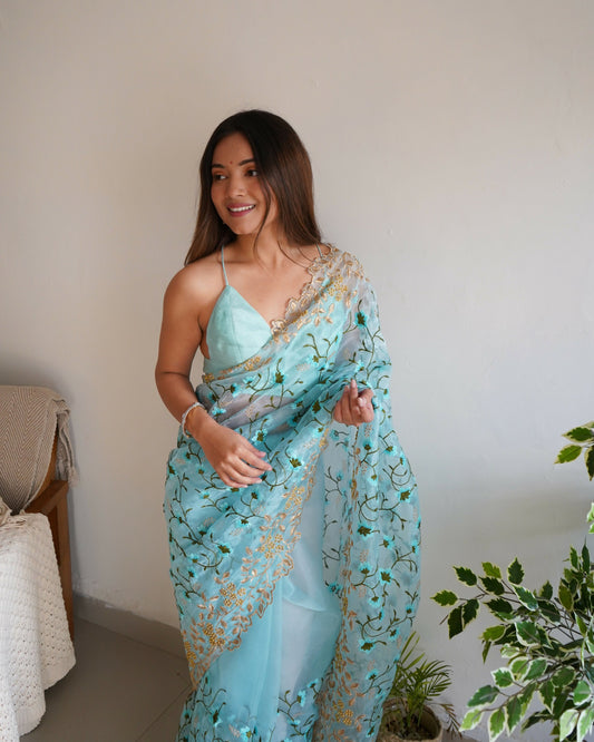 Vamsee Pushpa Sky Organza Saree - Swadesiicart