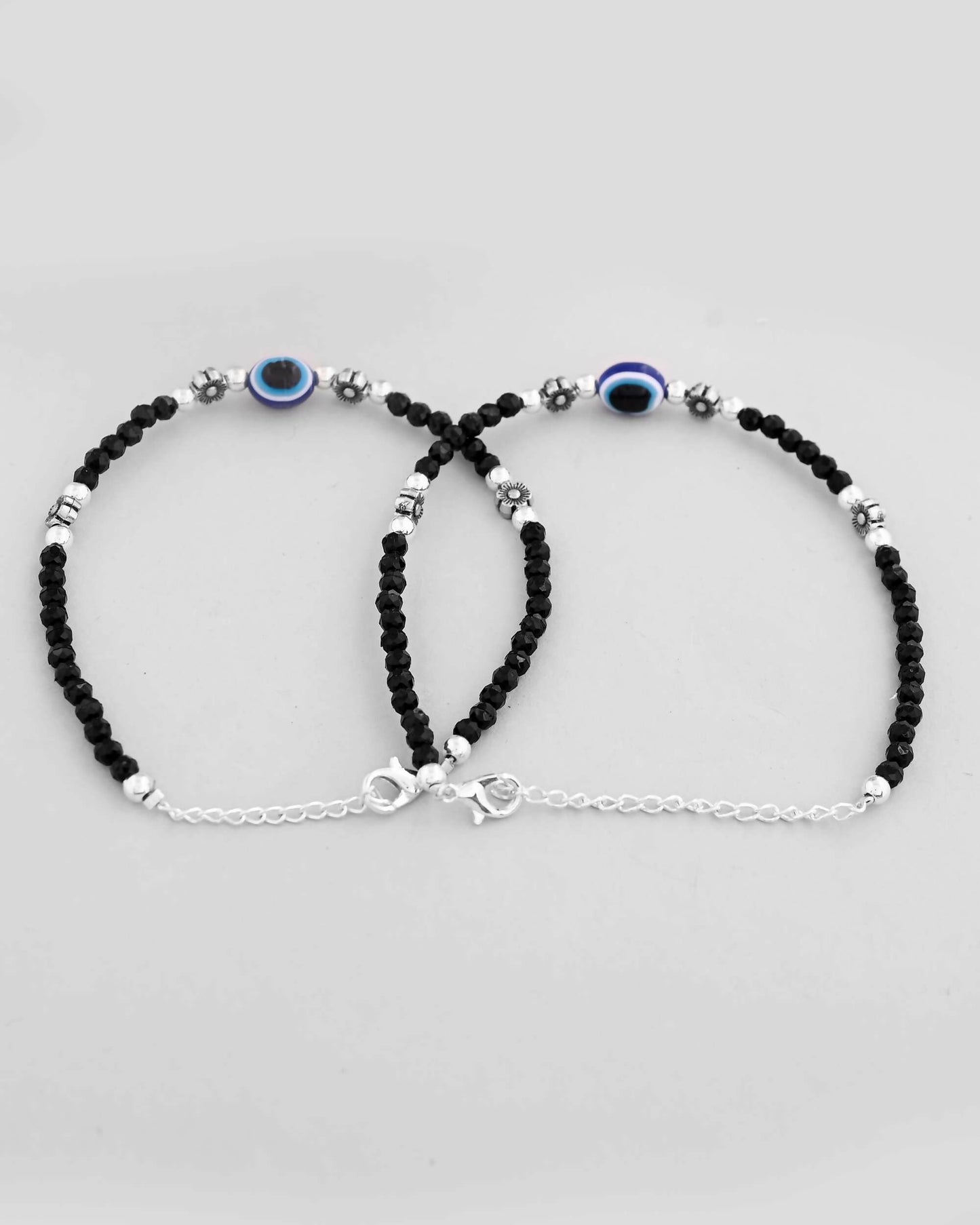 VOJ Set of 2 Evil Eye Black with Flower Shaped Beads Anklet - Swadesiicart