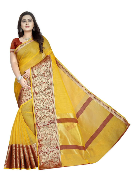 Vamika Banarasi Jaquard Yellow Weaving Saree | Swadesiicart