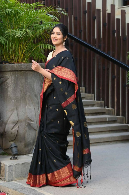 Beatitude Black Cotton Banarasi Saree | Swadesiicart