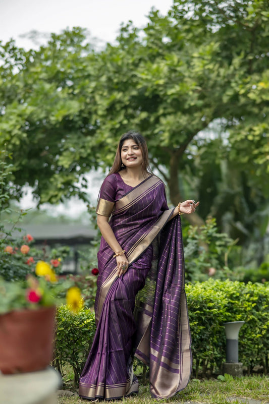Vishnu Weaves Women's Wine Raw Silk Saree with Blouse - Swadesiicart