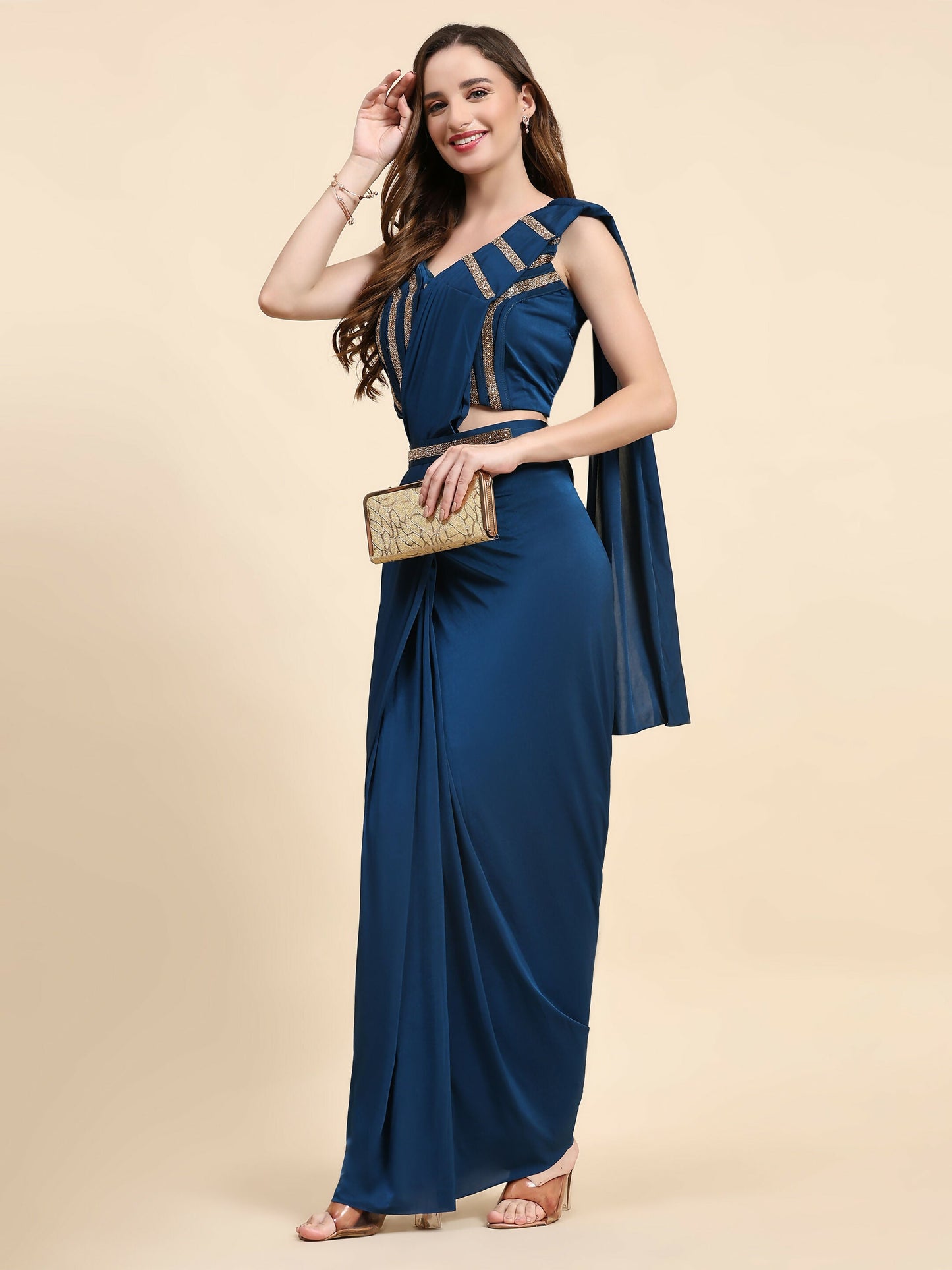Blue Polyester Solid Ready to Wear Saree with stitched Blouse - Nita | Swadesiicart