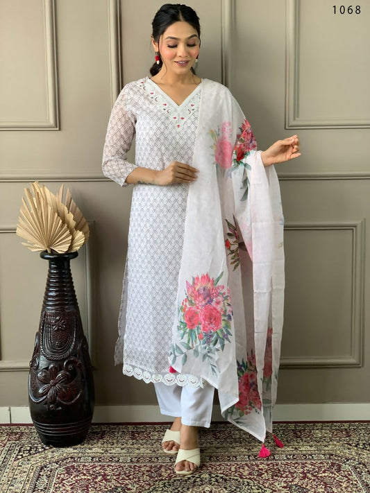 Partywear Designer Linen Cotton with cotton lining Offwhite Stitched Suit With Dupatta - Tanisha | Swadesiicart