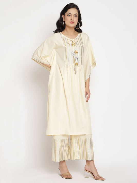 Ahalyaa Women Off White Printed Gotta Patti Kaftan Style Kurta With Palazzos | Swadesiicart
