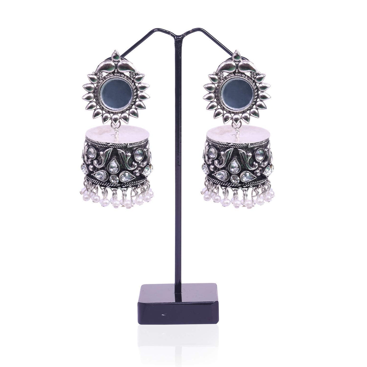 Rhodium-Plated Alloy Silver Plated Mirror Jhumki Earring - The Pari - Swadesiicart