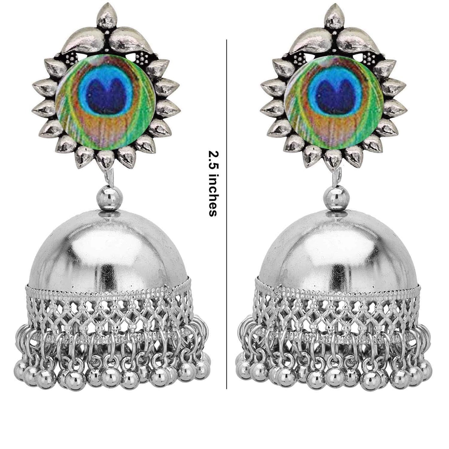 Rhodium-Plated Alloy Peacock Feather Jhumki Earrings - The Pari - Swadesiicart