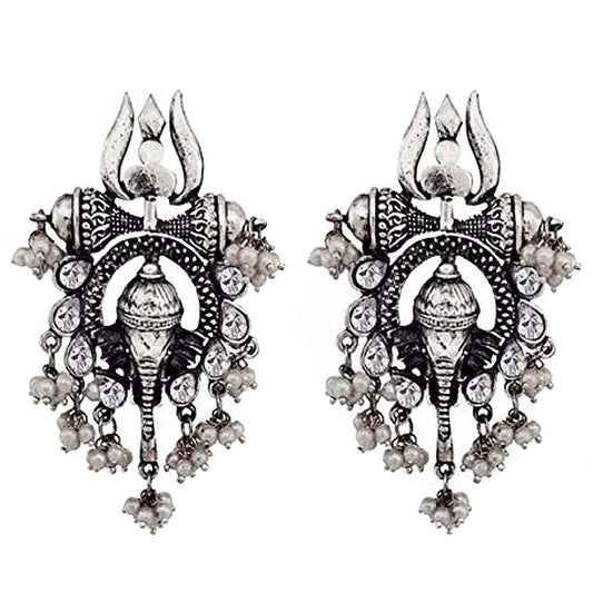 Rhodium-Plated Alloy Ganesh Ji Shaped Silver Earrings - The Pari - The Pari - Dinesh Associates