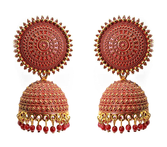 Gold-Polished Alloy Red Sun Shaped Jhumka Earrings - The Pari - The Pari - Dinesh Associates