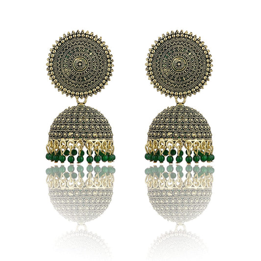 Gold-Polished Alloy Green Sun Shaped Jhumka Earrings - The Pari - The Pari - Dinesh Associates