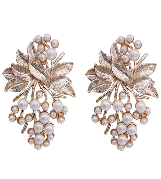 Rhodium-Plated Alloy Designer Golden Pearl Earrings - The Pari - The Pari - Dinesh Associates