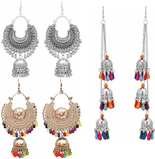 Silver-Plated Alloy Oxidised 3 Earrings Combo - The Pari - The Pari - Dinesh Associates