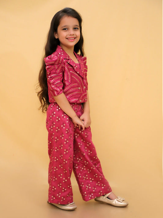 Lil Drama Bollywood Tadka Wine Stylish Jacket and Pant With Bustier Set For Girls