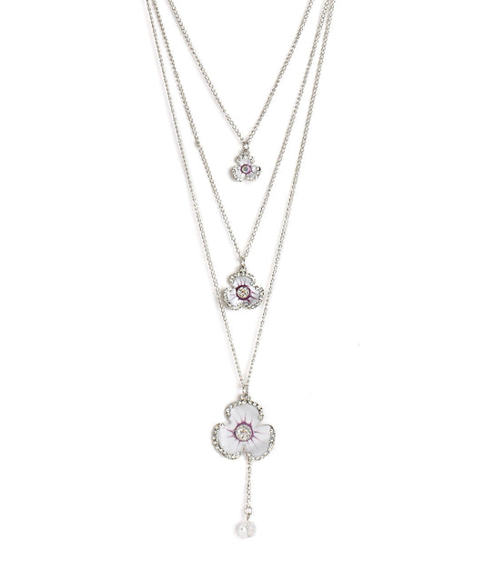 Silver-Plated Alloy Long Three Chain Flower Necklace - The Pari