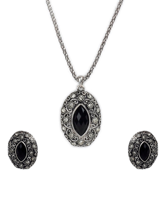 Silver-Plated Alloy Black Stone Pendant Necklace - The Pari