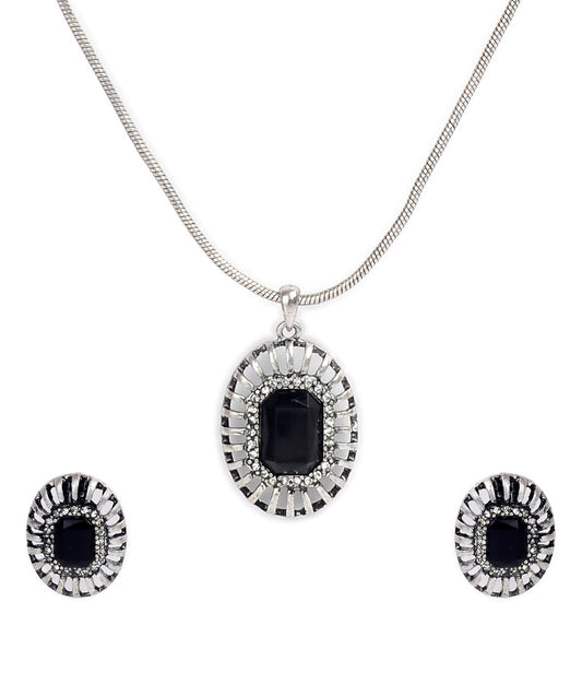 Silver-Plated Alloy Black Stone Pendant Necklace - The Pari