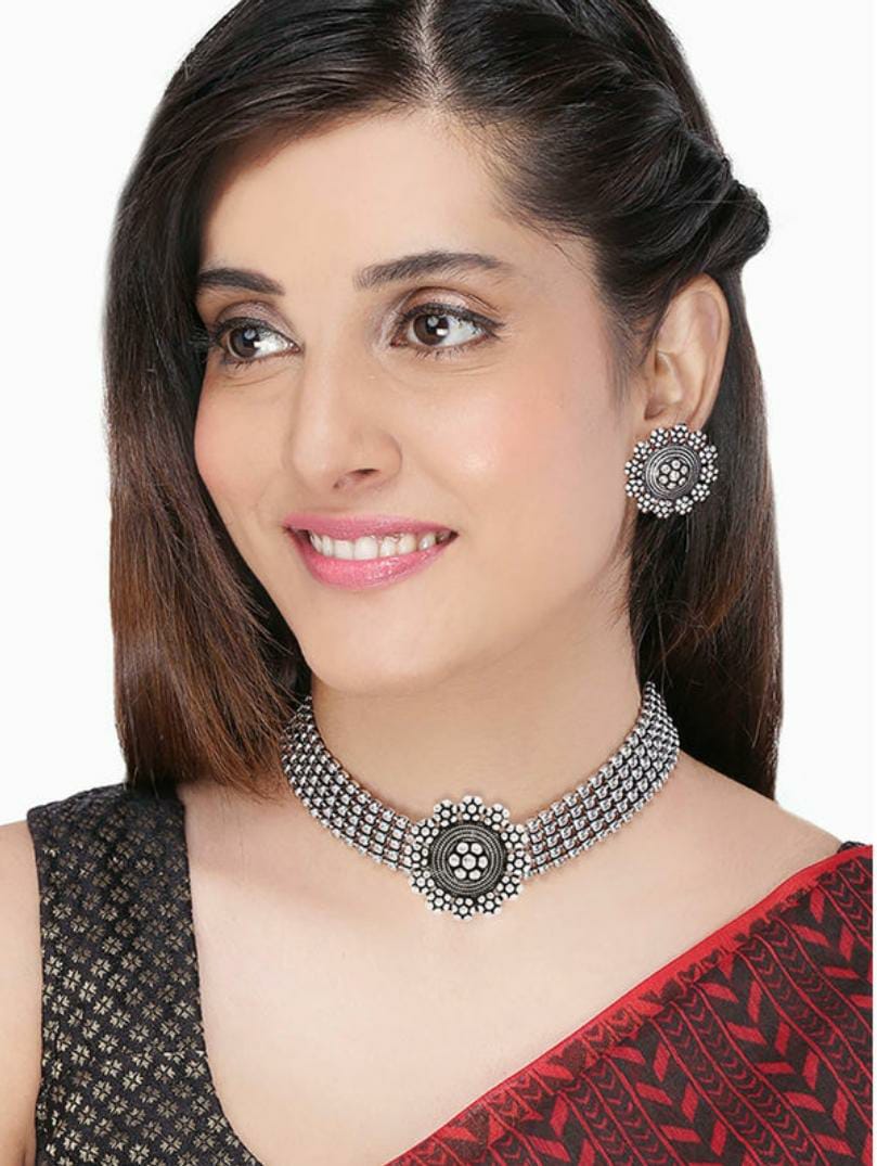 Rhodium-Plated Alloy Silver Beaded Choker Necklace - The Pari | Swadesiicart