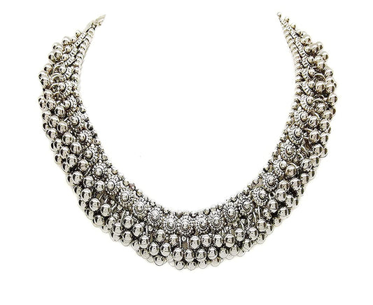 Rhodium-Plated Alloy Silver Bead Cluster Choker Necklace - The Pari | Swadesiicart