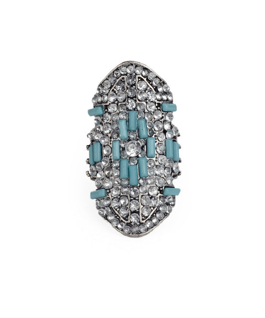 Silver-Plated Alloy Green Rhinestone Studded Cocktail Ring - The Pari | Swadesiicart