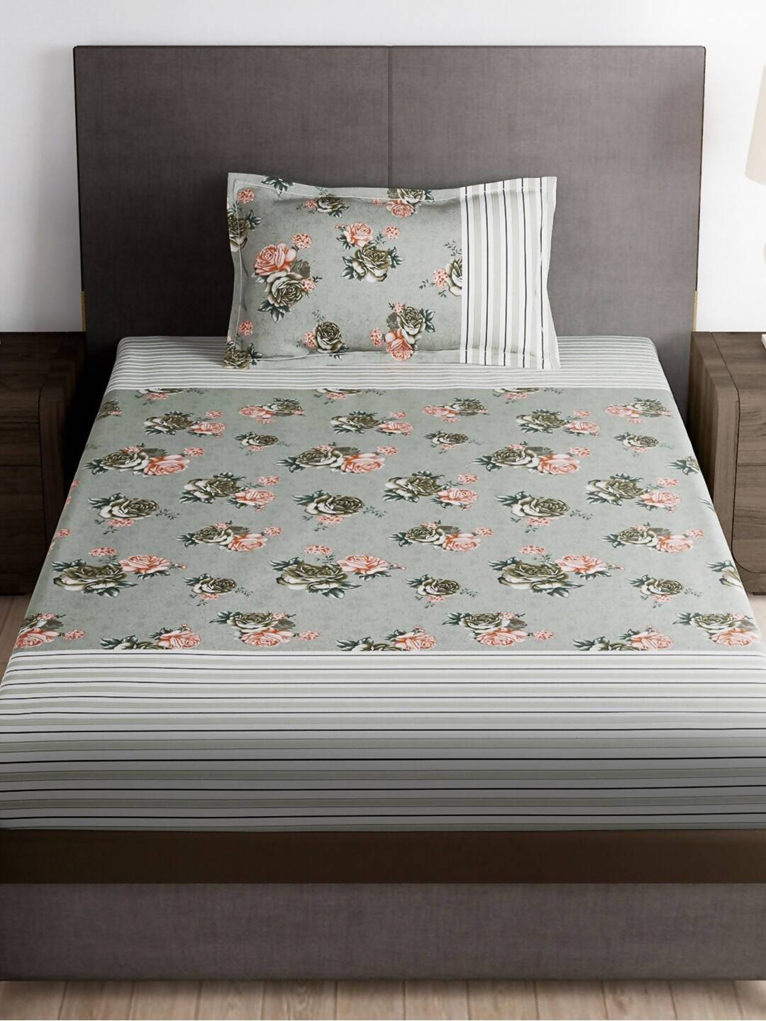 Story@home Arena Grey & Pink Floral Printed 180 TC Bedsheet & Pillow Covers - Swadesiicart