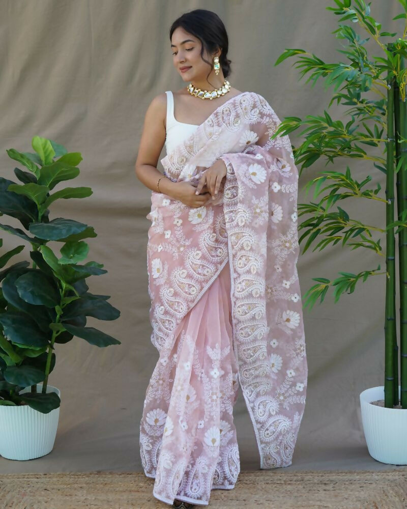Vamsee Amisha Peach Organza Saree - Swadesiicart
