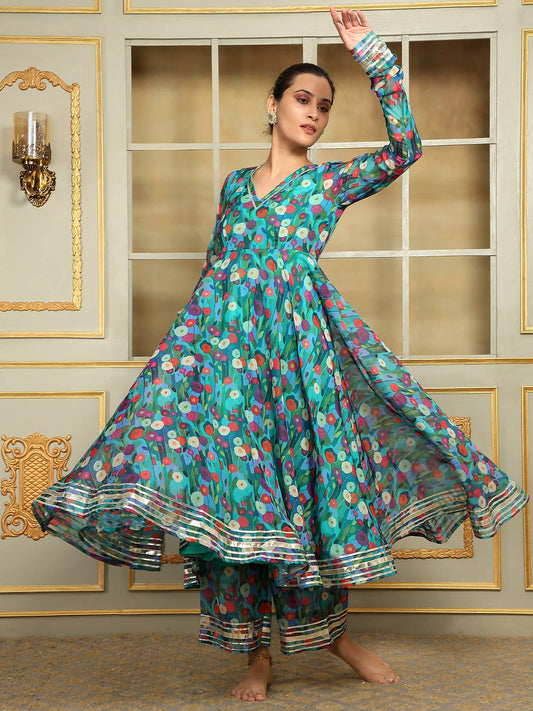 Pomcha Jaipur Blue Saadgi Phulwari Anarkali Set | Swadesiicart