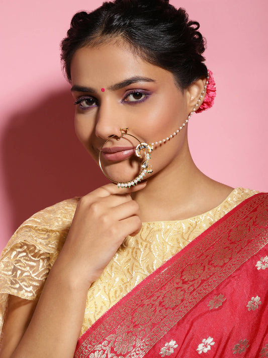 Gold-Polished White Green Kundan-Studded Pearl Beaded Nosepin - Ruby Raang | Swadesiicart
