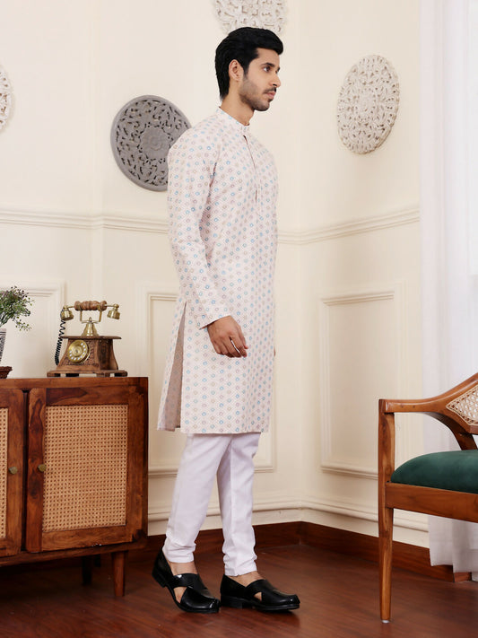 Off White Viscose Chikankari Embroidery Work Men's Rajwadi Kurta Set - Mahotsav | Swadesiicart