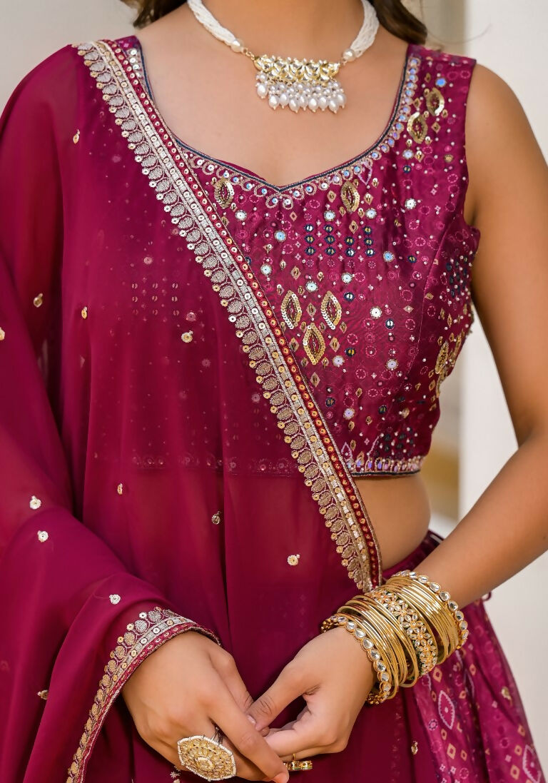 Wedding Partywear Wine Slim Georgette Lehengha Choli With Dupata - Agnidhara - Swadesiicart