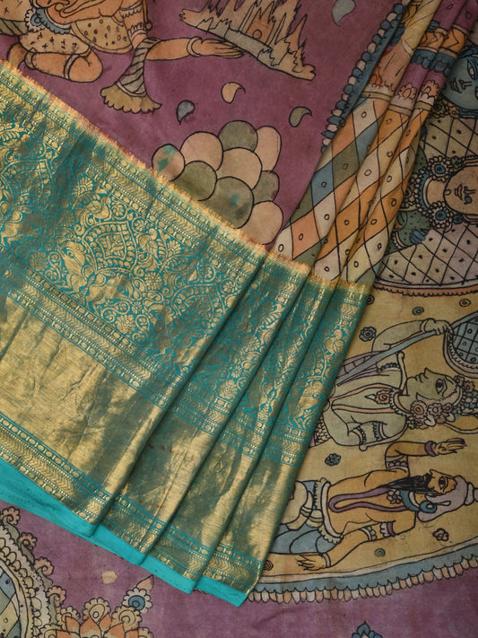 Turquoise and Burgundy Kalamkari Hand Painted Kanchipuram Silk Handloom Saree with Ramayan Theme Design - Global Threads | Swadesiicart