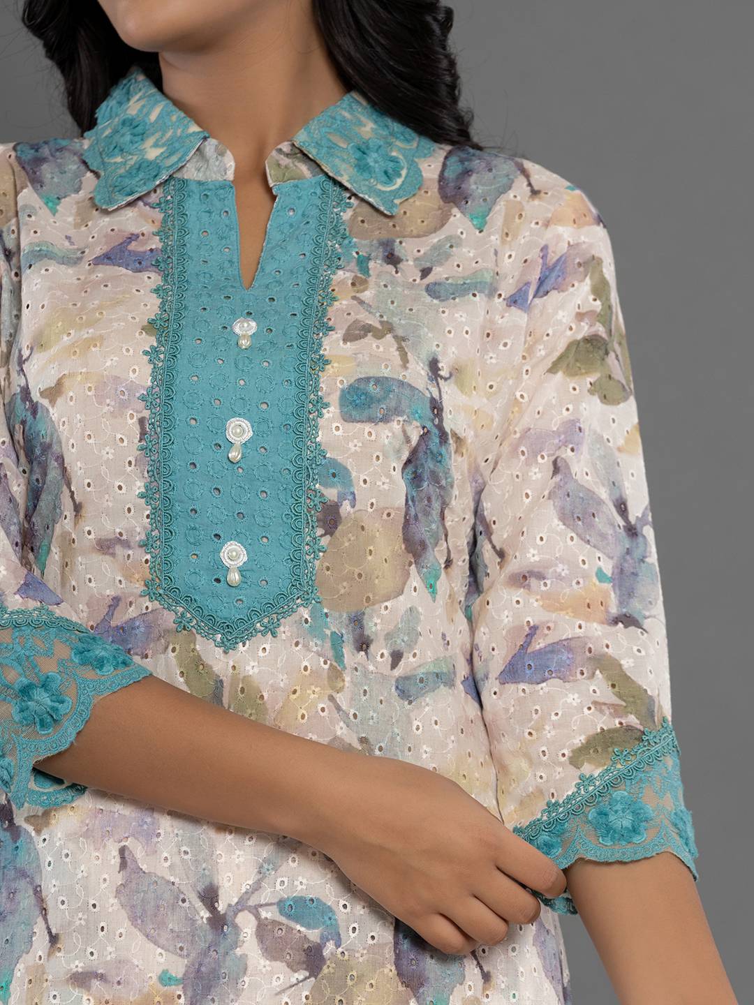 Yufta Turquoise Blue Cotton Schiffli Co-Ord Set With Lace - Swadesiicart