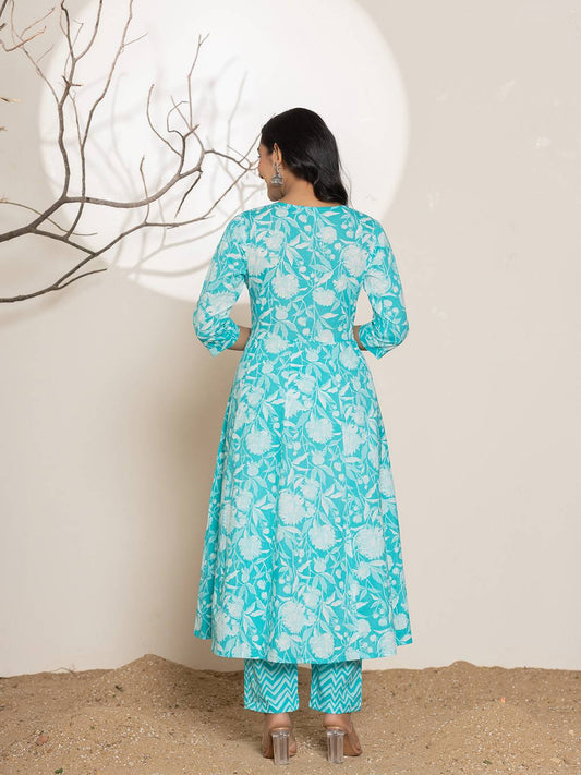 Yufta Turquoise Blue Floral Print Embroidery Cotton Anarkali Suit Set - Swadesiicart